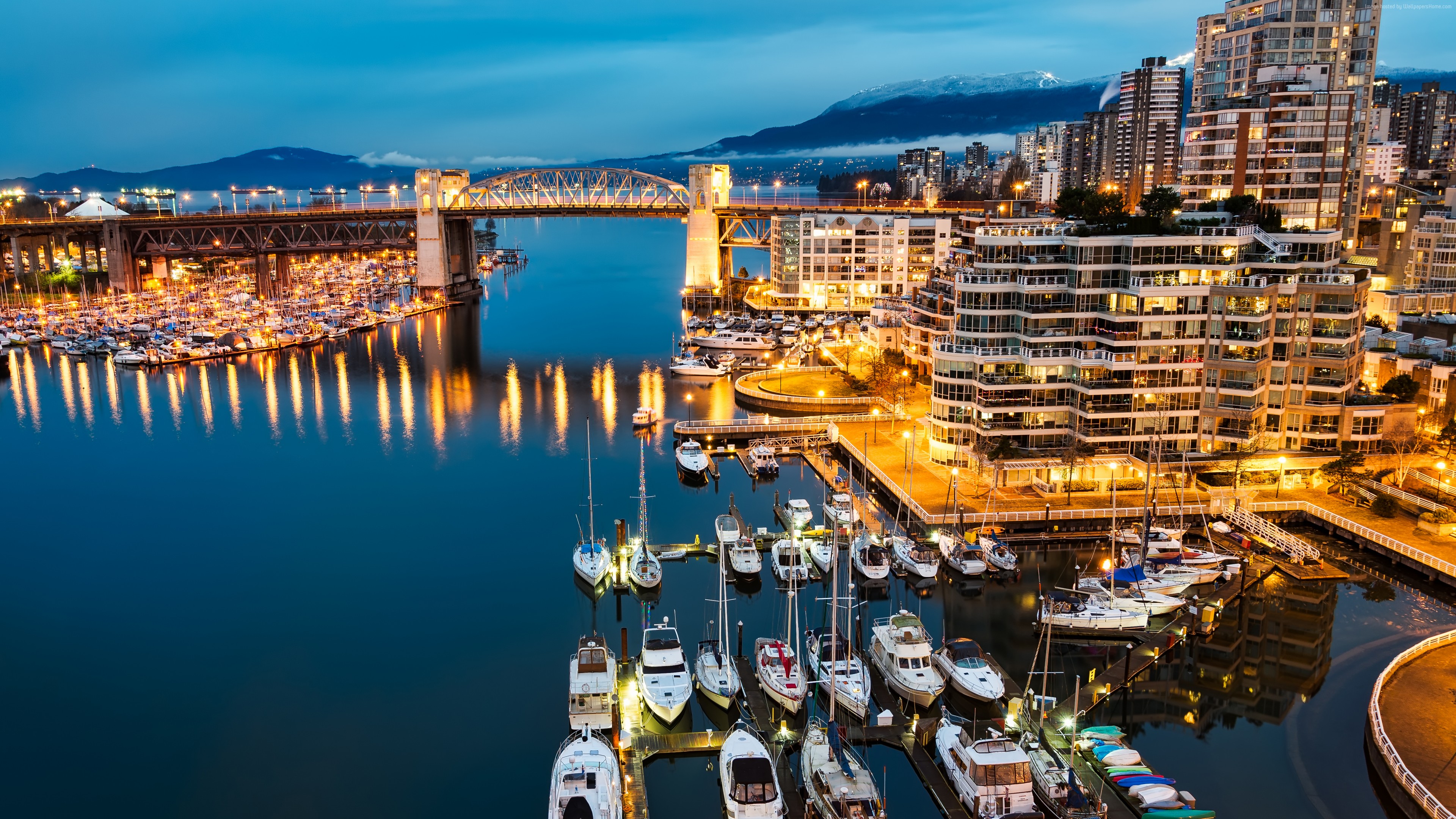 Wallpaper Vancouver, Granville, Island, Canada, night, Morning, lights, boats, blue, water, sea, travel, Architecture